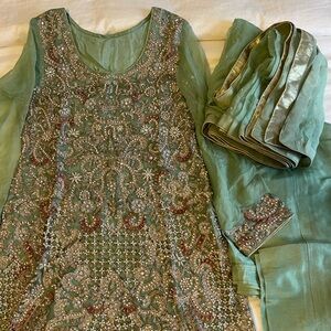 Embellished Green Traditional Dress with Scarf